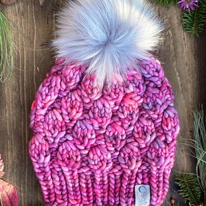 Handmade Merino Wool Beanie | Hand Knit Hat | Faux Fur Pom Pom