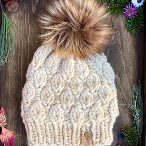 Handmade Merino Wool Beanie | Hand Knit Hat | Faux Fur Pom Pom