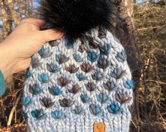 Luxury Lotus Flower Beanie | Luxury Hand Knit Beanie | Blue Hat | Ethically Sourced | Faux Fur Pom Pom