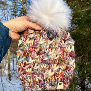 Handmade Merino Wool Beanie | Hand Knit Hat | Faux Fur Pom Pom