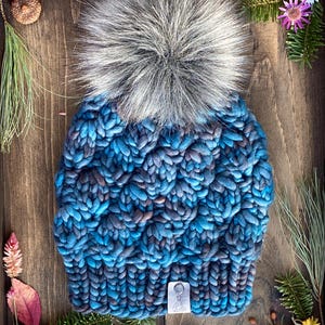 Handmade Merino Wool Beanie | Hand Knit Hat | Faux Fur Pom Pom