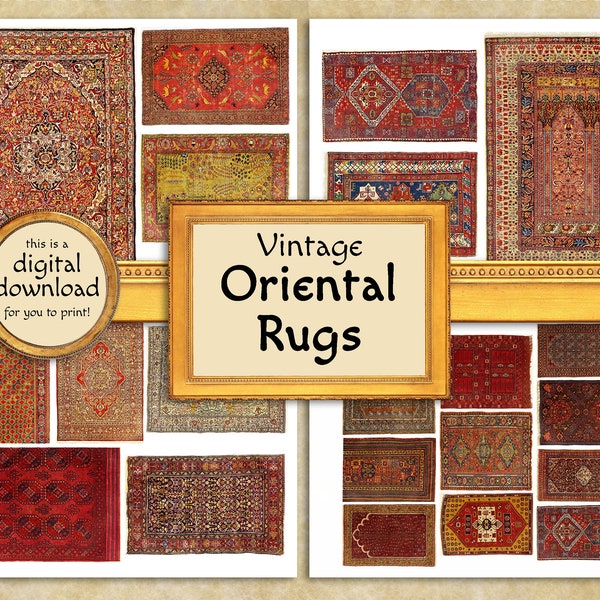 Vintage oriental Persian rugs collection illustration digital instant download printable collage sheet scrapbook supply making junk journal