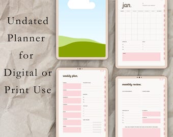 Undated Digital Planner | Hyperlinked Monthly and Weekly Spreads | Notes, Habit Tracker, Reflections | GoodNotes & Printable PDF