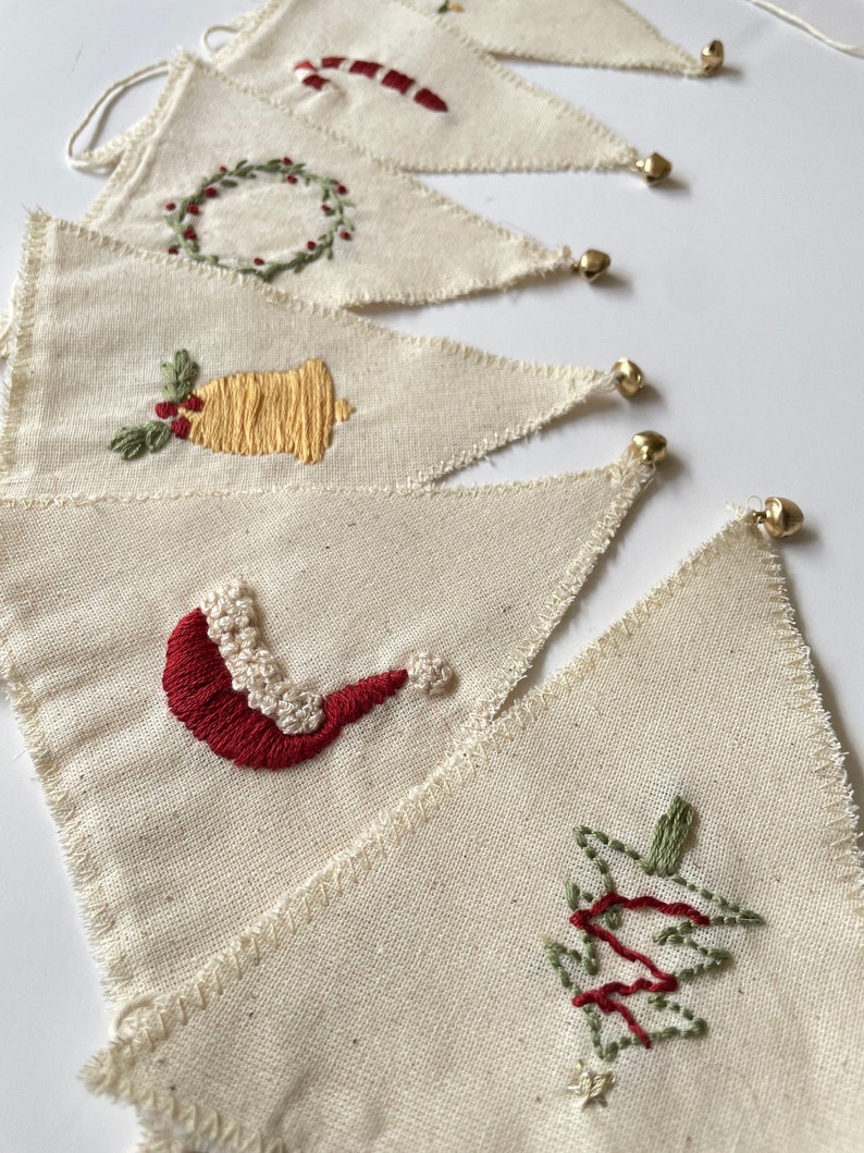 Christmas Patterned Fabric Embroidery Pennant Garland , Christmas Gift
