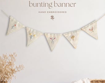 Hand Embroidered Flower Bunting, Fabric Garland for Nursery, Baby Shower, Birthday and Home Decor