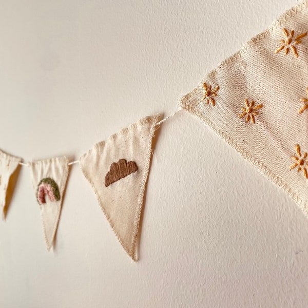 Rainbow Patterned Fabric Embroidery Pennant Garland , Baby Flag String, Fabric Banner Garland, Unique Bohemian Fabric Banner