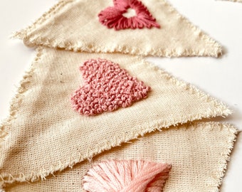 Heart Patterned Fabric Embroidery Pennant, Baby Flag String, Fabric Banner Garland, Unique Bohemian Fabric Banner, Baby love ,Valentin’s Day