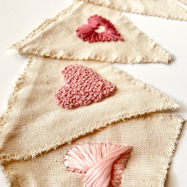 Heart Patterned Fabric Embroidery Pennant, Baby Flag String, Fabric Banner Garland, Unique Bohemian Fabric Banner, Baby love ,Valentin’s Day