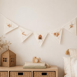 Bee Fabric Bunting Banner - Hand Embroidered Boho Garland for Baby Shower, Nursery & Party Decor