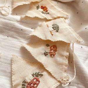Mushroom Garland with Embroidered Fabric, Cottagecore Nursery Bunting Banner, Boho Woodland Room or Party Decor