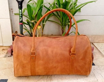 Handmade Tan Leather Duffel Bag: Full Grain Weekender with Shoe Compartment