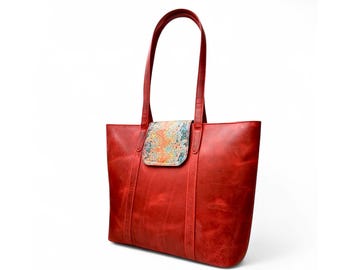 Red Leather Tote Bag: Large Work Bag with Zipper