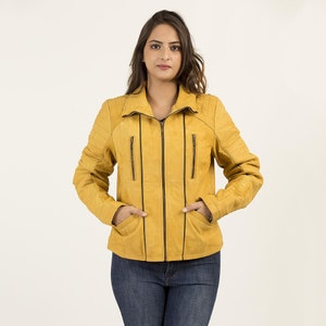 Énorme réduction, Livraison gratuite, Veste en cuir Femmes, Veste de motard Femmes, Veste en cuir daim, Veste en cuir jaune, Veste MotoCycle