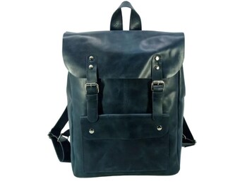 Vintage Navy Blue Leather Backpack: Full Grain Laptop Bag, Handmade