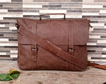 Leather Briefcase, Leather Messenger Bag, Brown Laptop Bag, Mens Office Bag, Rustic Briefcase, Leather Satchel, Gift for him
