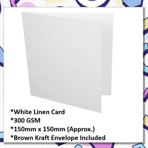 Op de afbeelding: Witte linnen kaart met een bruine kraftenvelop. De kaart is 300 g/m&sup2; en meet 150 mm x 150 mm.
