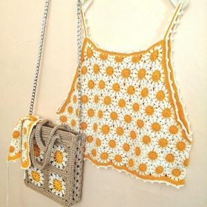 Daisy Crop Top Crochet , Daisy Handmade Bag , Hair Scarf , Floral Bandana