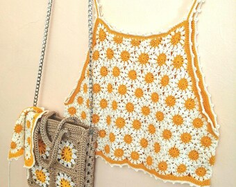 Daisy Crop Top Crochet , Daisy Handmade Bag , Hair Scarf , Floral Bandana