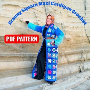 May include: A long, blue crochet cardigan with square patterns, featuring a gradient of blue hues. The text "Granny Square Maxi Cardigan Crochet" arches across the top, with "PDF PATTERN" in a red box. A brown belt cinches the waist.