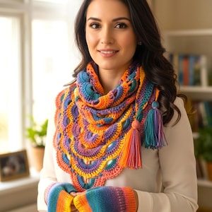 Boho Entrelac Knit Beret & Crochet Shawl Set, Wool Fingerless Gloves Gift Set