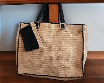Gehäkelte Sommer Strandtasche, Personalisierte Raffia Tasche, Handgemachte XL Tasche