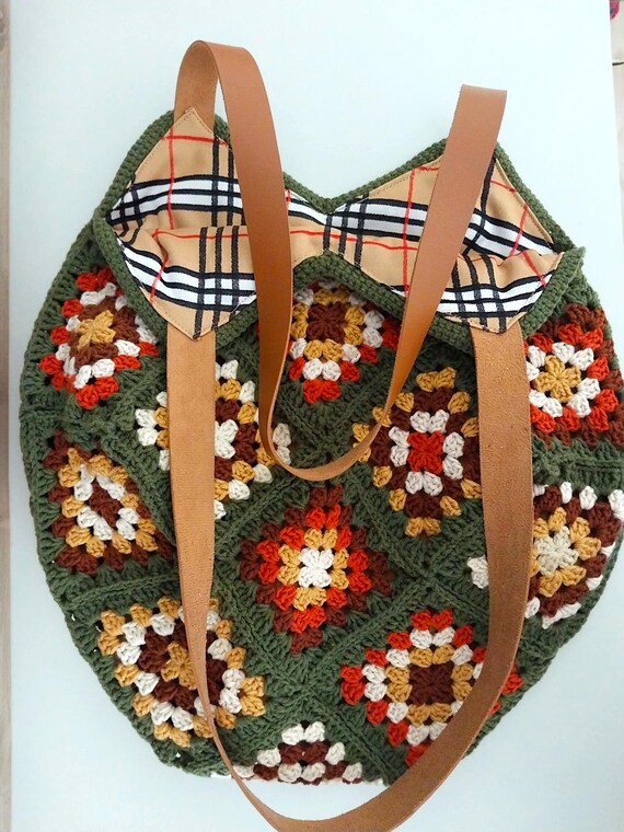 Crochet Granny Square Bag, Handmade Handle Bag, Boho Hippie Style