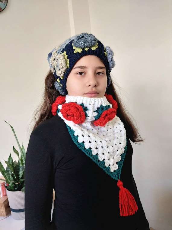 Winter Crochet Headband Scarflet Unique Women's Floral Neck