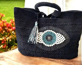 Evil Eye Crochet Black Tote , Large Boho Nazar Begie Shoulder Bag with Pockets