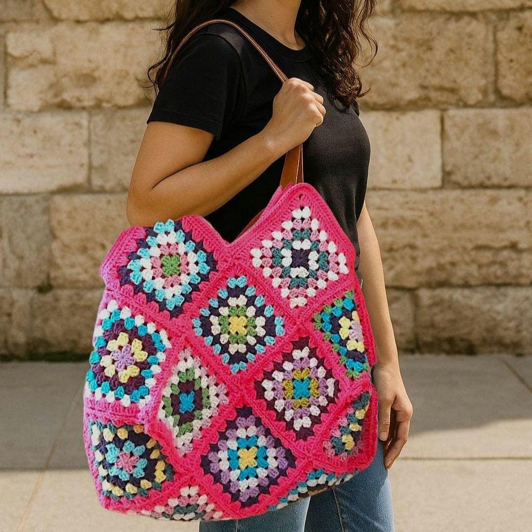 Crochet Granny Square Bag, Handmade Handle Bag, Boho Hippie Style