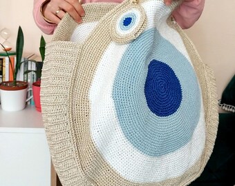 Handmade XXL Evil Eye Crochet Tote Bag  , Bohemian Protection, Customizable & Unique