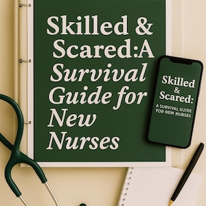 May include: A medical-themed image featuring a green and white binder with the text "Skilled & Scared: A Survival Guide for New Nurses." A smartphone displays the same title. A stethoscope, notepad, and pen are also present.