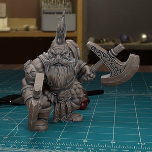 Dwarf with Axes and Mohawk - 32mm/28mm RPG Miniature for wargaming, D&D, Pathfinders, etc.,