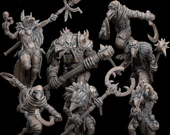 Puede incluir: Un conjunto de seis miniaturas de fantasía que representan criaturas parecidas a pájaros con varias armas y armaduras. Las miniaturas están hechas de un material gris texturizado y están posadas en posturas dinámicas.
