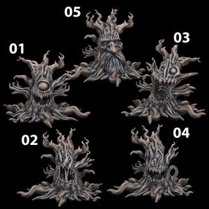 May include: Five grey-brown tree sculptures with detailed faces and branches. Each sculpture has a unique expression, labelled 01 to 05. The sculptures are fantasy-themed, with gnarled branches and expressive faces, suitable for tabletop gaming.