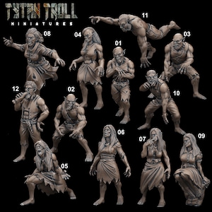 Könnte beinhalten: Zwölf detaillierte Miniaturfiguren verschiedener humanoider Kreaturen, in Braun- und Grautönen bemalt. Die Figuren sind in verschiedenen dynamischen Posen dargestellt, einige halten Waffen oder Werkzeuge. Die Figuren sind von 1 bis 12 nummeriert.