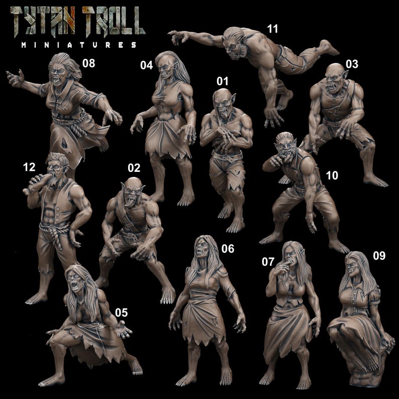 K&ouml;nnte beinhalten: Zw&ouml;lf detaillierte Miniaturfiguren verschiedener humanoider Kreaturen, in Braun- und Graut&ouml;nen bemalt. Die Figuren sind in verschiedenen dynamischen Posen dargestellt, einige halten Waffen oder Werkzeuge. Die Figuren sind von 1 bis 12 nummeriert.