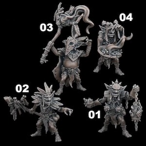 May include: Four grey-toned fantasy goblin miniatures labeled 01, 02, 03, and 04. Figure 01 holds a spiked mace and chain. Figure 02 carries a feathered staff. Figure 03 wears a skull mask and holds a large banner. Figure 04 holds a bowl of items.