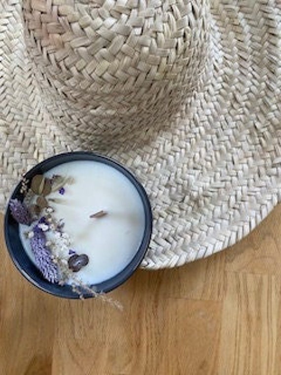 Bougie Fleurie Parfum Bois de Santal - Bougie Artisanale Fleurs Séchées