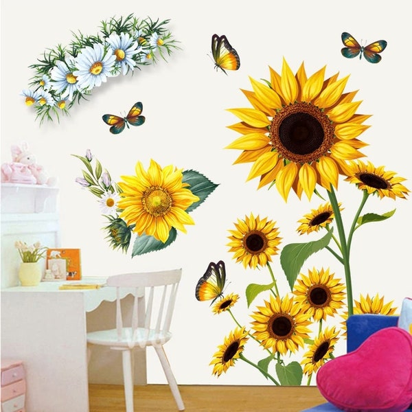 Grand XLarge coloré tournesol stickers muraux fleur papillon autocollants pour décor à la maison cuisine salon dortoir bain