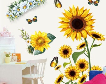 Grand XLarge coloré tournesol stickers muraux fleur papillon autocollants pour décor à la maison cuisine salon dortoir bain