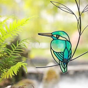 Cute Green Stained Glass Metal Bird Wall Hanging Adorable Cling Pendant Suncatcher Figurine Ornament Art Home Decor Accent, Office, Porch image 1