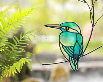 Cute Green Stained Glass Metal Bird Wall Hanging Adorable Cling Pendant Suncatcher Figurine Ornament Art Home Decor Accent, Office, Porch