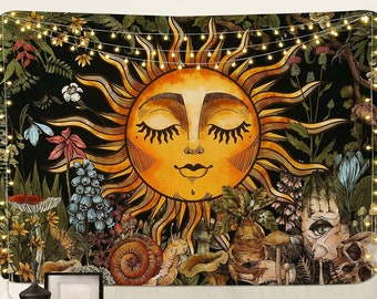 Sun Tapestry Wall Hanging, Flower Wall Carpets,  Dorm D\u00e9cor Starry Carpet, Botanical Celestial Floral Wall Tapestry, Skull Wall Hanging