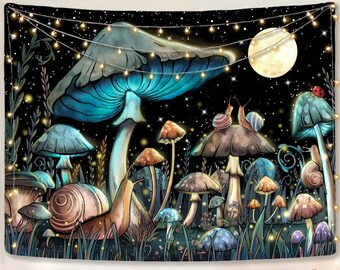 Fantasy Art Tapisserie Magique Champignon Trippy Escargot, Lune, Étoiles Tenture Murale Psychédélique Tissu Couverture Décor À La Maison Tapisseries