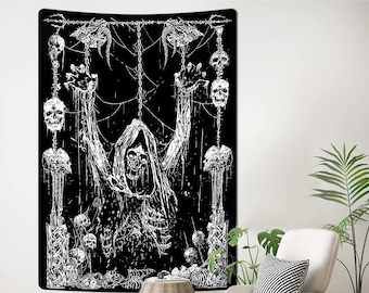 Black and White Skull Gothic Tapestry Moon Phase And Stars Tapestries Mushroom Wall Hanging For Living Room Bedroom