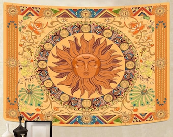 Burning Sun Tapestry | Orange Floral Tapestry Wall Hanging | Vintage Tapestry Decor for Room Bedroom | Modern Art Wall Hanging