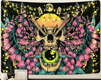 Skull Tapestry Colorful Floral Flower Moon Tapestry Human Skeleton Wall Hanging for Bedroom Living Room Dining Room