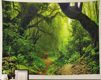 Virgin Forest Tapestry Green Tree in Misty Forest Tapestry Wall Hanging Nature Scenery Wall Tapestry Decor for Room