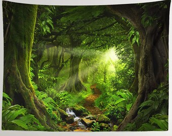 Forest Tapestry Forest Trail Wall Tapestry Woodland Trees Green Nature Wall Hanging Tapestries for Room Decor