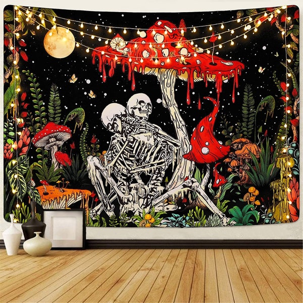 The Lovers Goth Tapestry Colorful Trippy Skull Mushroom Wall Hanging Art Hippie Psychedelic Bohemian Skeleton Home Decor